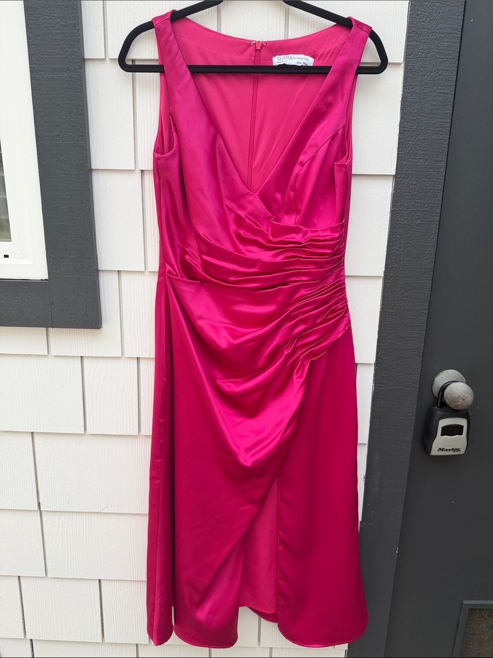 Ieena for Mac Duval Sleeveless Satin Ruched Midi Dress in Fuchsia